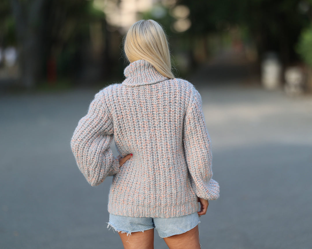 Hand Knit Baby Alpaca Bouclé Sweater, Chunky Cable Knit Pullover T1456