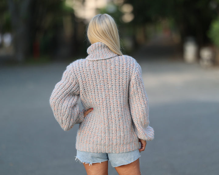 Hand Knit Baby Alpaca Bouclé Sweater, Chunky Cable Knit Pullover T1456