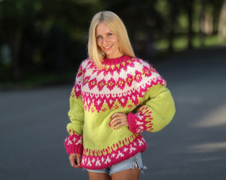 Icelandic Alpaca Merino Sweater, Hand Knitted Neon Mohair Blend Pullover T1450