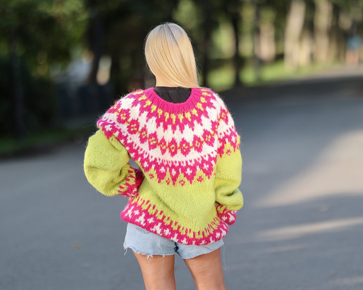 Icelandic Alpaca Merino Sweater, Hand Knitted Neon Mohair Blend Pullover T1450