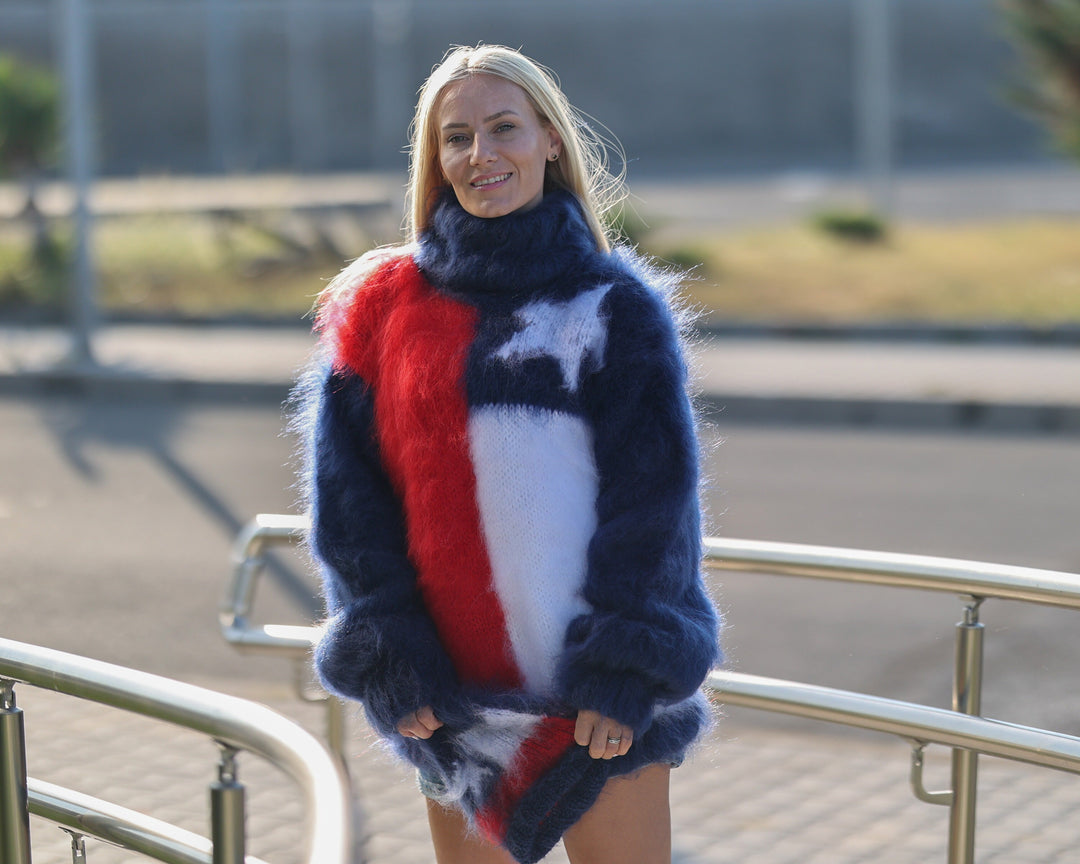 Chile Flag Mohair Sweater – Hand-Knitted Blue Pullover T1481