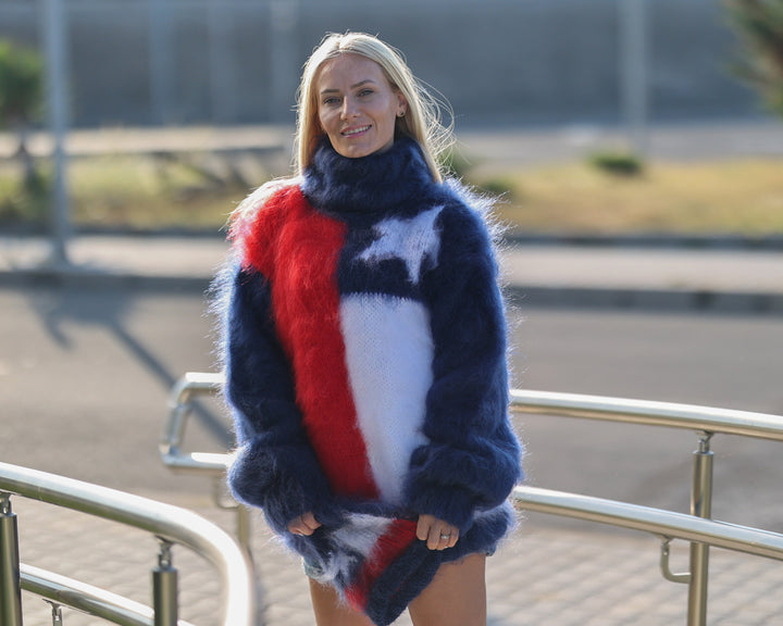 Chile Flag Mohair Sweater – Hand-Knitted Blue Pullover T1481