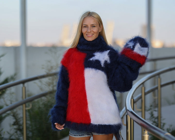Chile Flag Mohair Sweater – Hand-Knitted Blue Pullover T1481