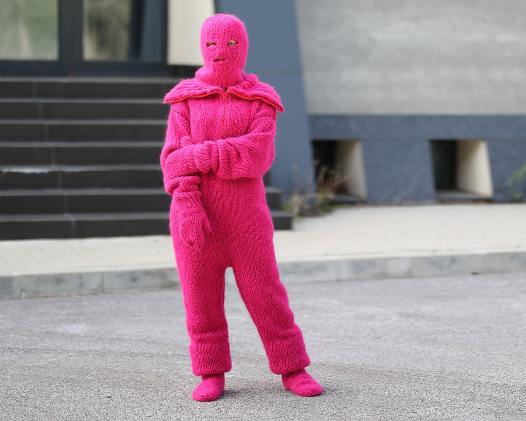 Hand-Knitted Pink Alpaca Catsuit – Fluffy Bodysuit with Mittens & Socks T1493
