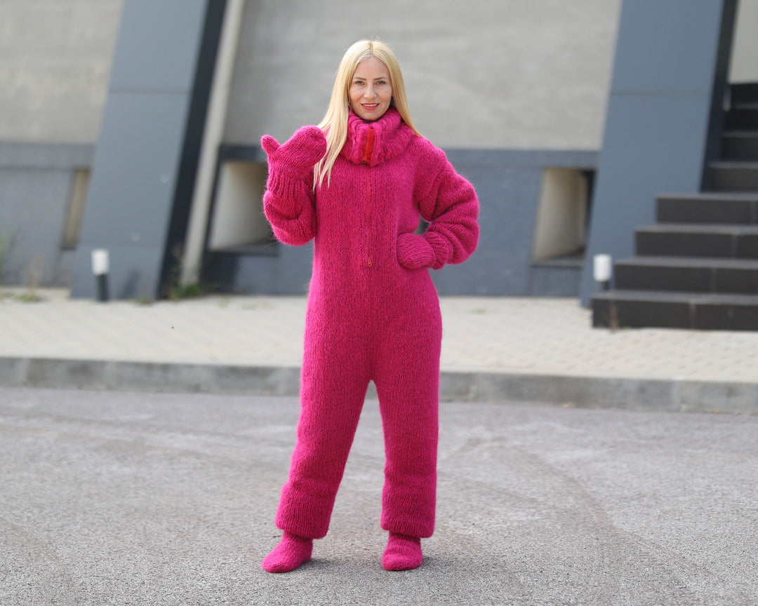 Hand-Knitted Pink Alpaca Catsuit – Fluffy Bodysuit with Mittens & Socks T1493