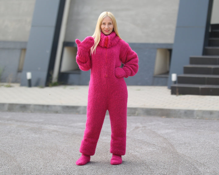 Hand-Knitted Pink Alpaca Catsuit – Fluffy Bodysuit with Mittens & Socks T1493