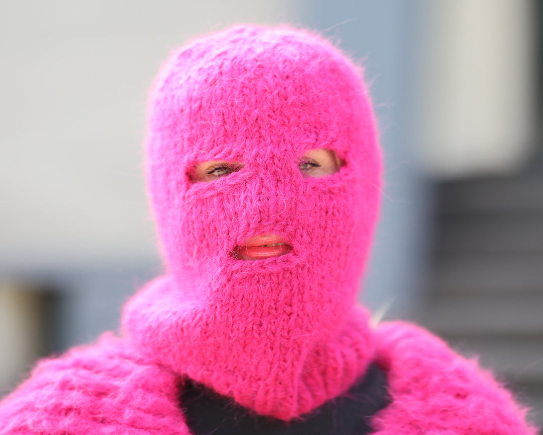 Pink Alpaca Balaclava – Hand Knitted Fluffy Slouchy Beanie Ski Mask T1488