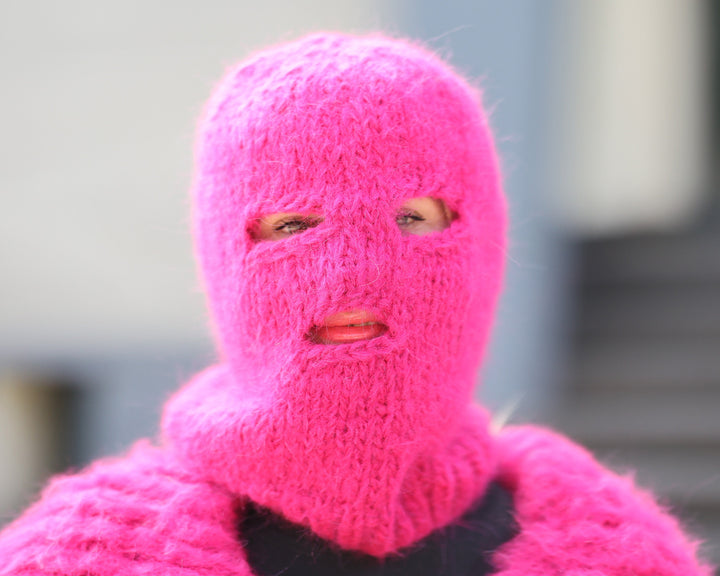 Pink Alpaca Balaclava – Hand Knitted Fluffy Slouchy Beanie Ski Mask T1488