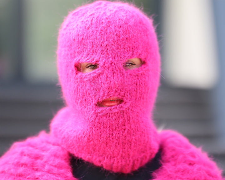 Pink Alpaca Balaclava – Hand Knitted Fluffy Slouchy Beanie Ski Mask T1488