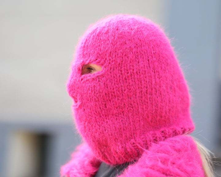 Pink Alpaca Balaclava – Hand Knitted Fluffy Slouchy Beanie Ski Mask T1488