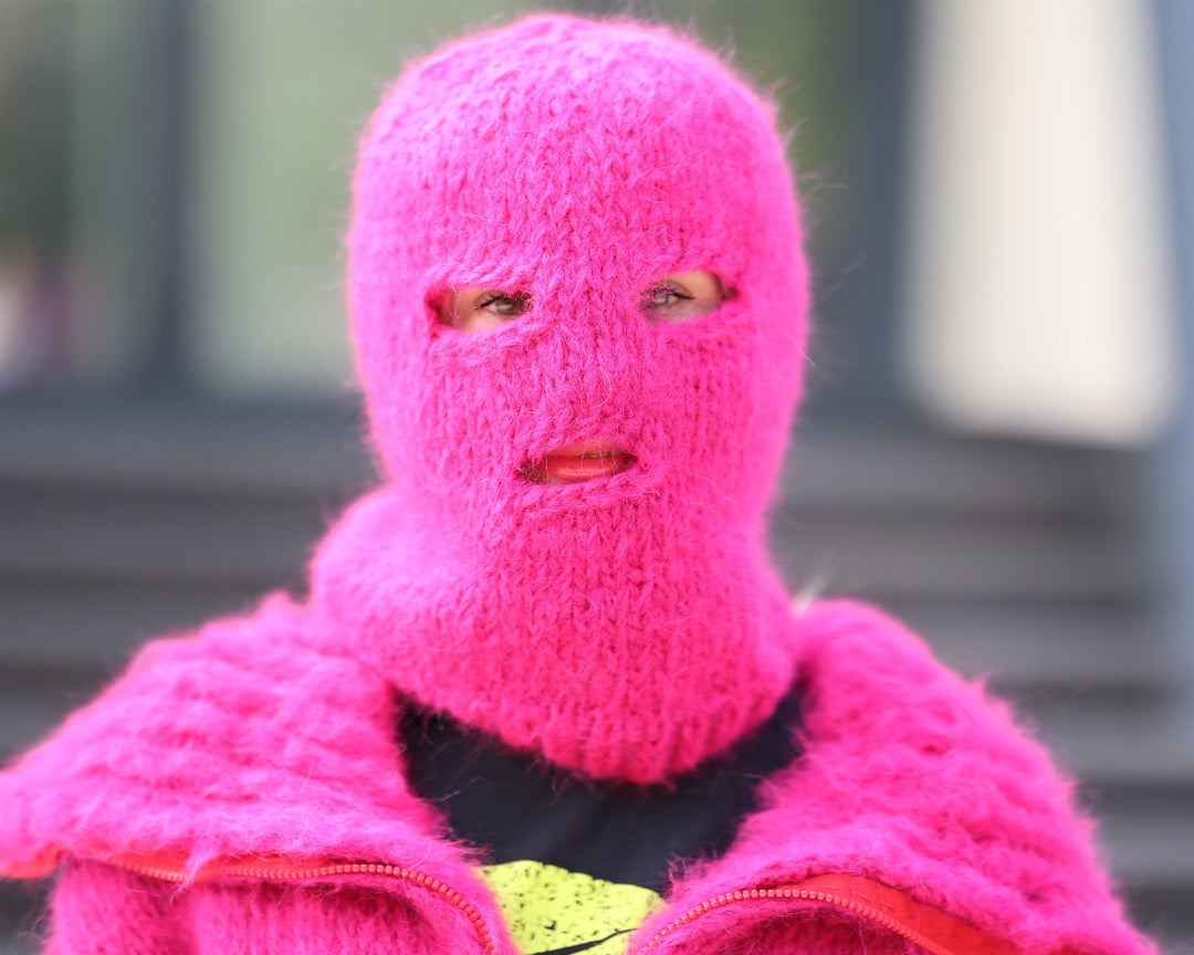 Pink Alpaca Balaclava – Hand Knitted Fluffy Slouchy Beanie Ski Mask T1488