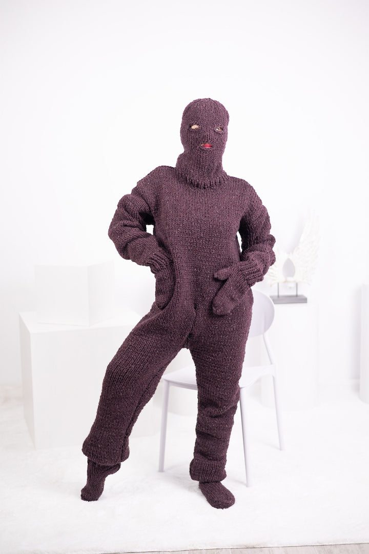 Hand Knitted Itchy Raw Wool Catsuit: Balaclava, Mittens & Socks T1551