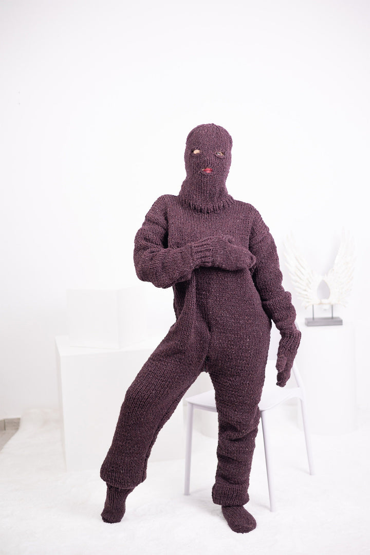 Hand Knitted Itchy Raw Wool Catsuit: Balaclava, Mittens & Socks T1551