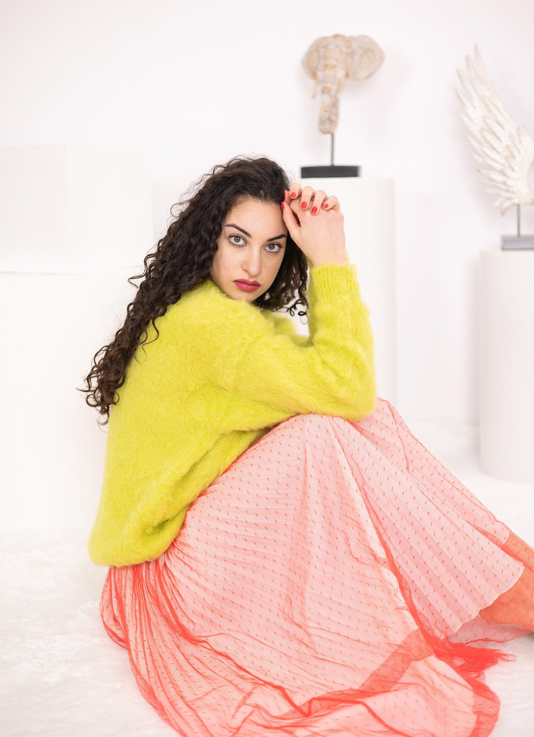 One available in size 2XL,Hand-Knitted Sweater, Bright Green Fluffy Alpaca Jumper T1563
