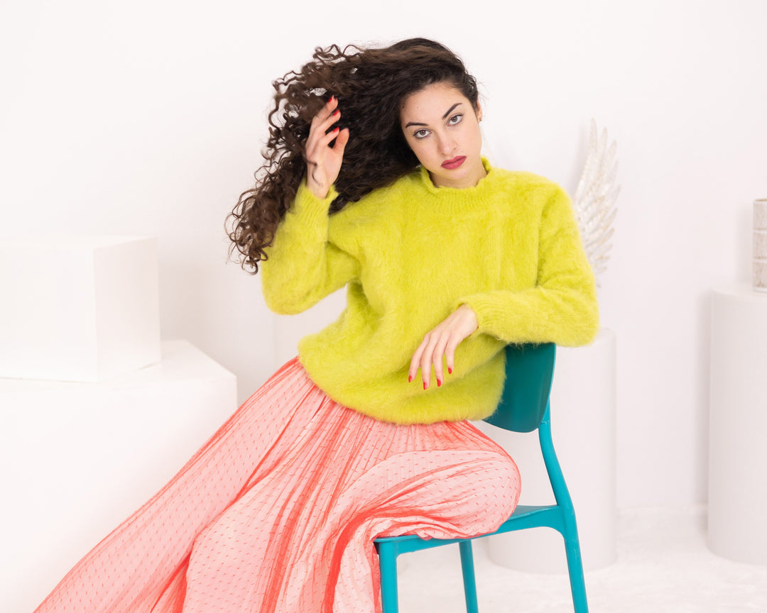 One available in size 2XL,Hand-Knitted Sweater, Bright Green Fluffy Alpaca Jumper T1563