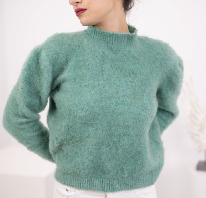 Hand Knitted Yak Merino Wool Sweater, Green Pullover T1564