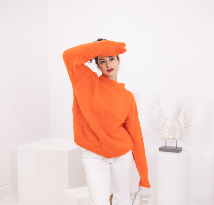 Hand-Knitted Baby Alpaca Blend Sweater, Orange Winter Knitwear T1565