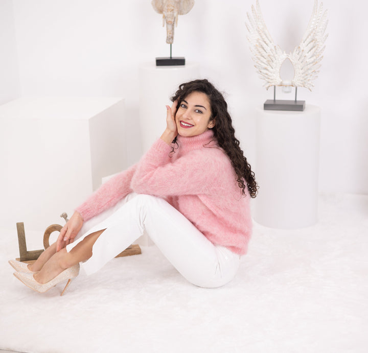 Pink Mohair Sweater – Hand-Knitted Fluffy Italian Yarn Cozy Winter Jumper T1567