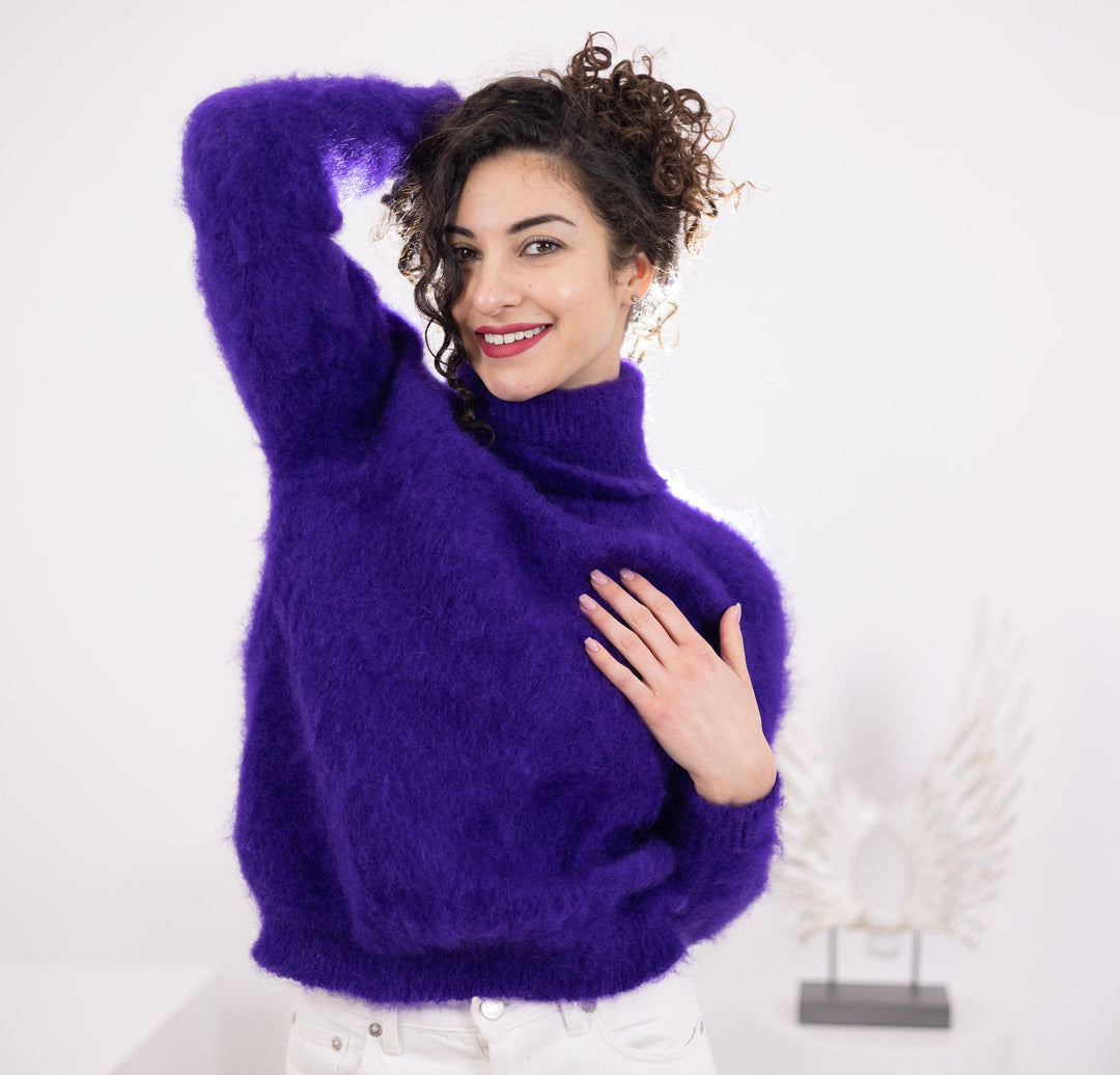 Hand-Knitted Purple Mohair Sweater – Fluffy Italian Yarn Jumper Soft Warm Knitwear T1568