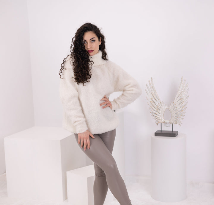 White Alpaca Sweater, Hand Knitted Wool Blend Pullover, Soft Warm Cozy Winter Jumper T1569