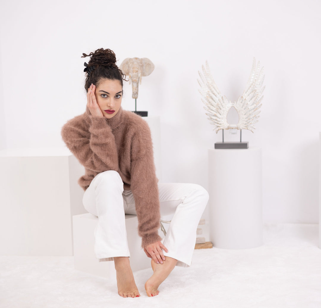 Brown Alpaca Sweater, Hand Knitted Wool Blend Pullover, Soft Warm Cozy Winter Jumper T1570