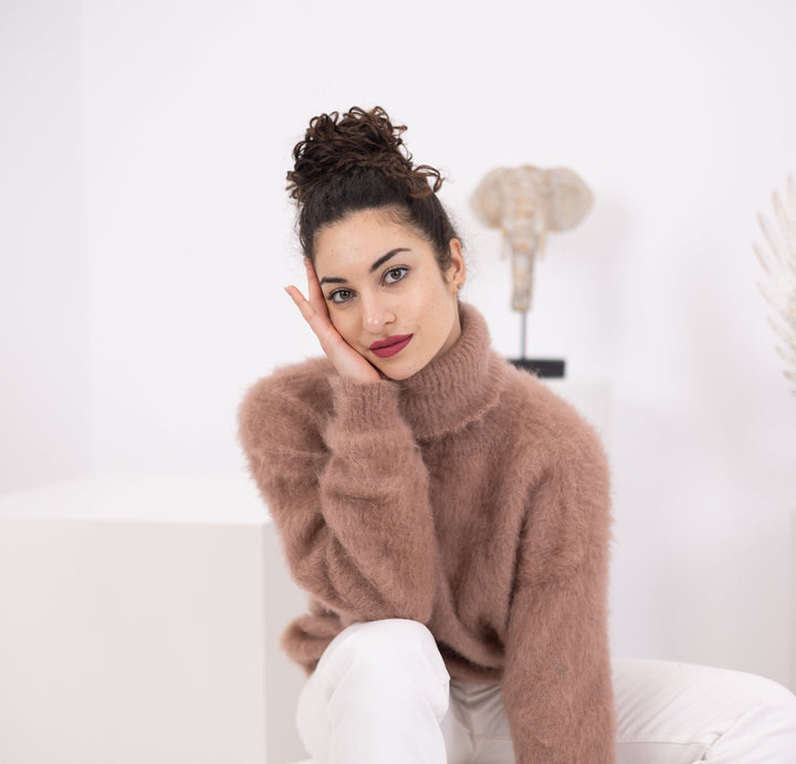 Brown Alpaca Sweater, Hand Knitted Wool Blend Pullover, Soft Warm Cozy Winter Jumper T1570