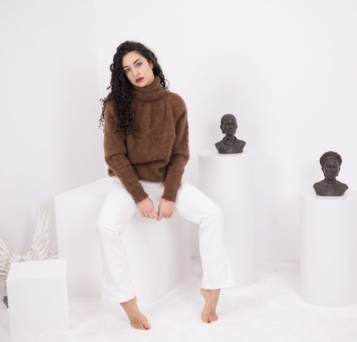 Brown Alpaca Sweater, Hand Knitted Wool Blend Pullover, Soft Warm Cozy Winter Jumper T1571