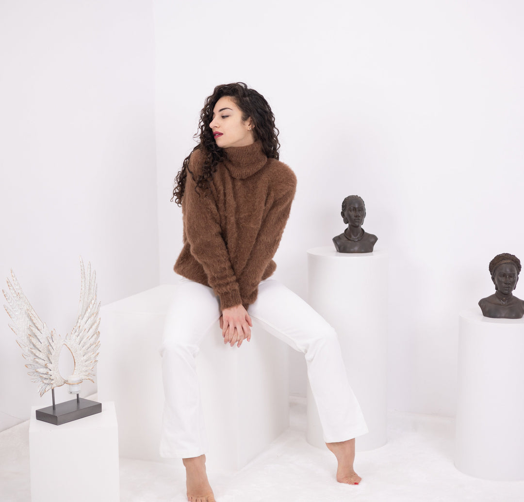 Brown Alpaca Sweater, Hand Knitted Wool Blend Pullover, Soft Warm Cozy Winter Jumper T1571