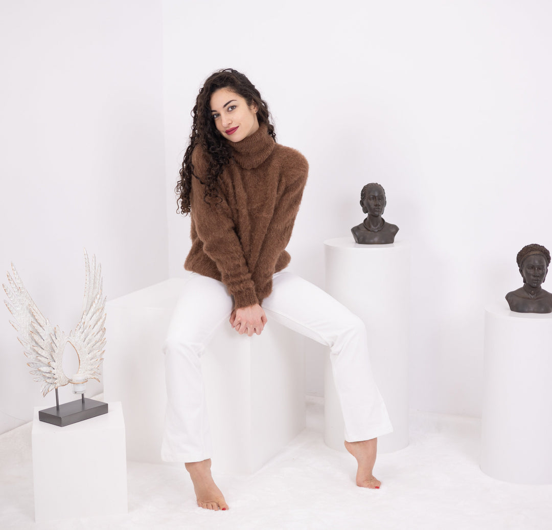 Brown Alpaca Sweater, Hand Knitted Wool Blend Pullover, Soft Warm Cozy Winter Jumper T1571