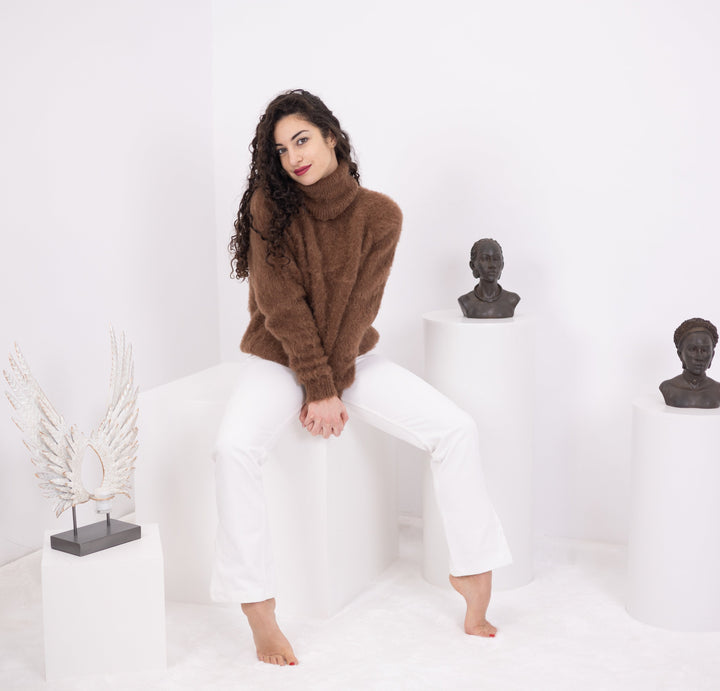 Brown Alpaca Sweater, Hand Knitted Wool Blend Pullover, Soft Warm Cozy Winter Jumper T1571