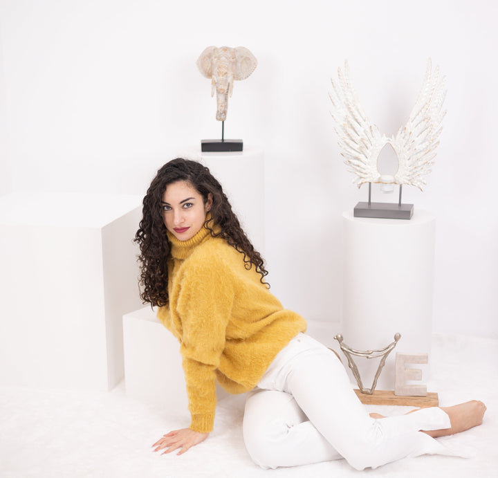 Hand Knitted Alpaca Wool Sweater, Mustard Yellow Pullover T1572