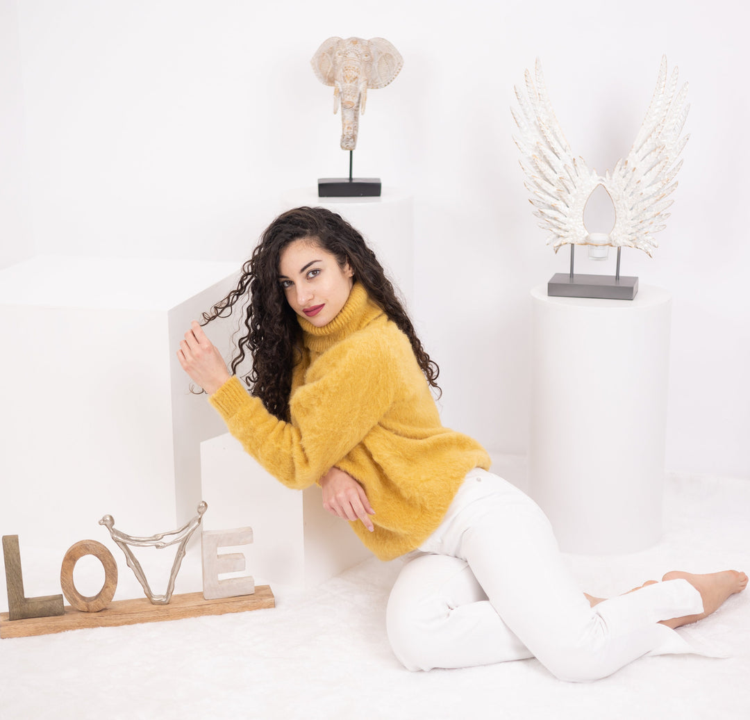 Hand Knitted Alpaca Wool Sweater, Mustard Yellow Pullover T1572