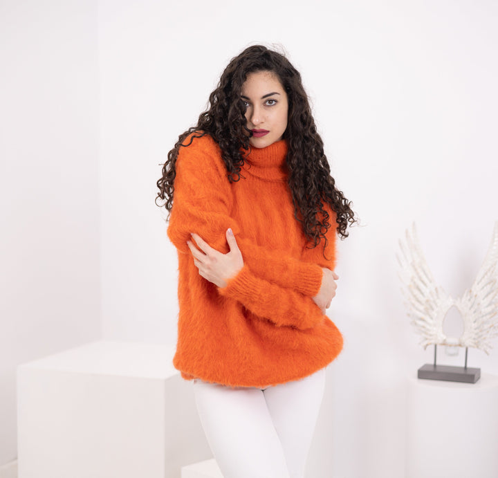 One available in size 2XL, Orange Alpaca Sweater, Fuzzy Pullover   T1573