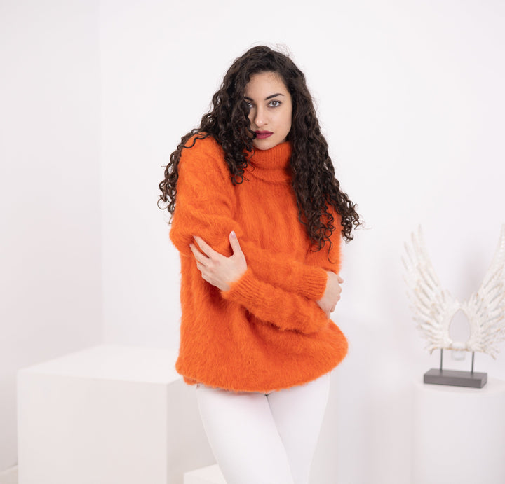 Orange Alpaca Sweater, Hand Knitted Soft Wool Pullover, Warm Cozy Lightweight Winter Jumper T1573
