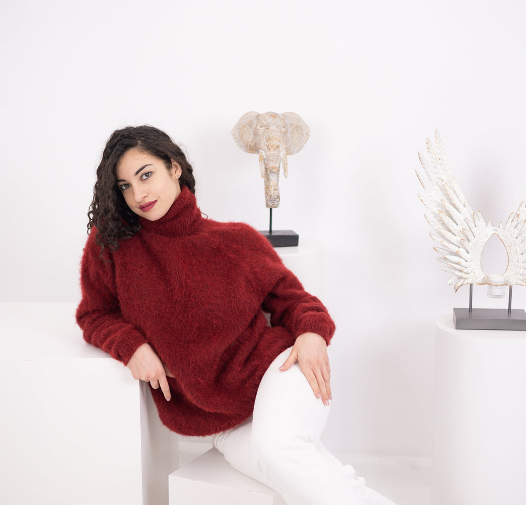 Bordeaux Alpaca Sweater, Hand Knitted Fluffy Fuzzy Pullover, Soft Warm Cozy Winter Jumper T1574
