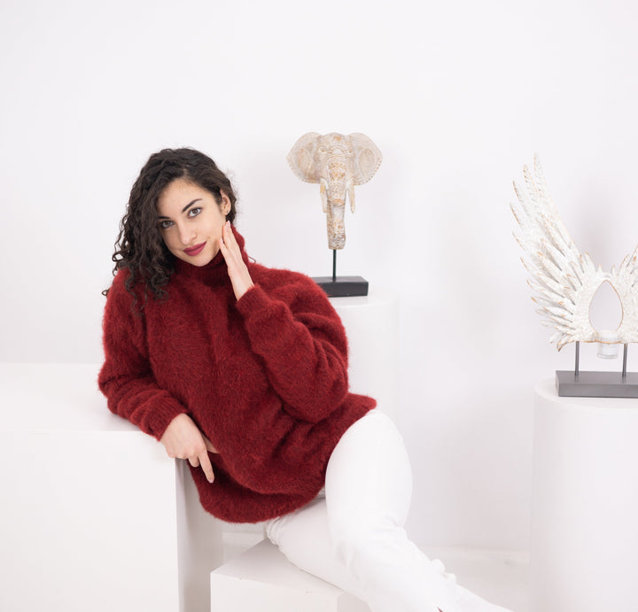 Bordeaux Alpaca Sweater, Hand Knitted Fluffy Fuzzy Pullover, Soft Warm Cozy Winter Jumper T1574