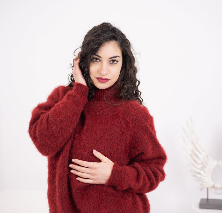 Bordeaux Alpaca Sweater, Hand Knitted Fluffy Fuzzy Pullover, Soft Warm Cozy Winter Jumper T1574