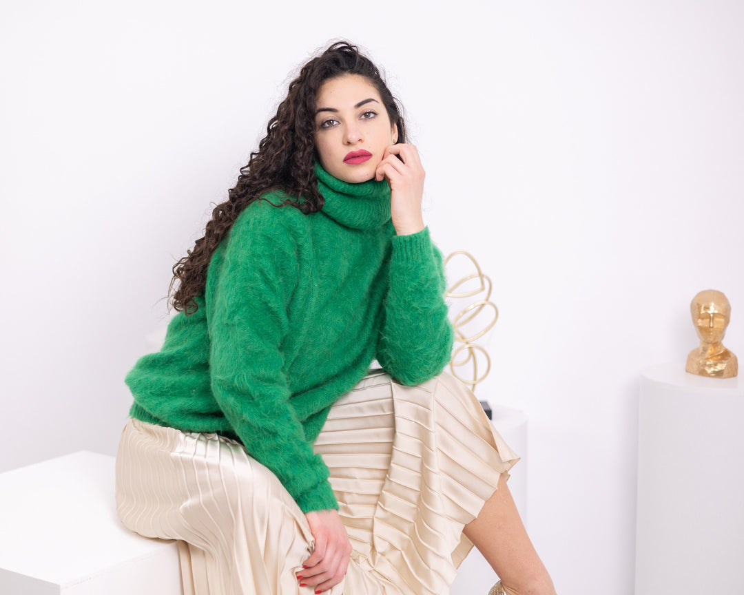 Green Alpaca Sweater, Hand Knitted Wool Blend Pullover, Soft Warm Cozy Winter Jumper T1576