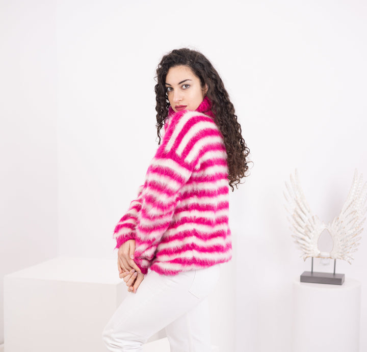 Hand-Knitted Striped Alpaca Sweater, Pink & White, Italian Yarn T1579
