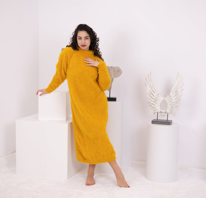 Yellow Alpaca Sweater Dress, Hand Knitted Fluffy Turtleneck Loose Maxi Dress T1580