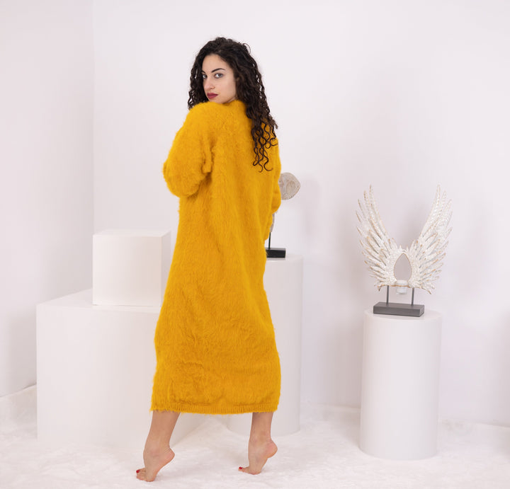 Yellow Alpaca Sweater Dress, Hand Knitted Fluffy Turtleneck Loose Maxi Dress T1580