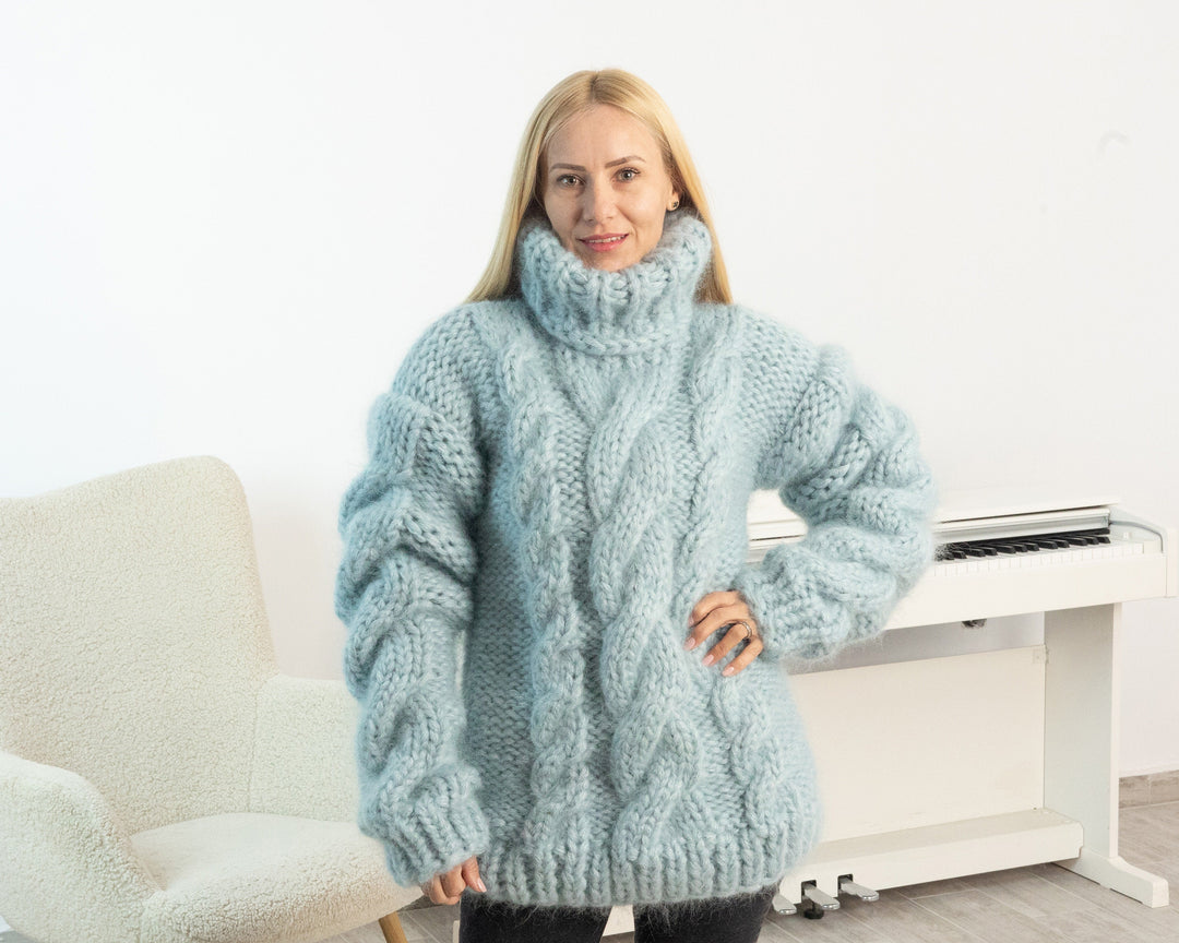 12 strands Cables Mohair Sweater, Hand Knitted Huge Turtleneck Pullover T1535
