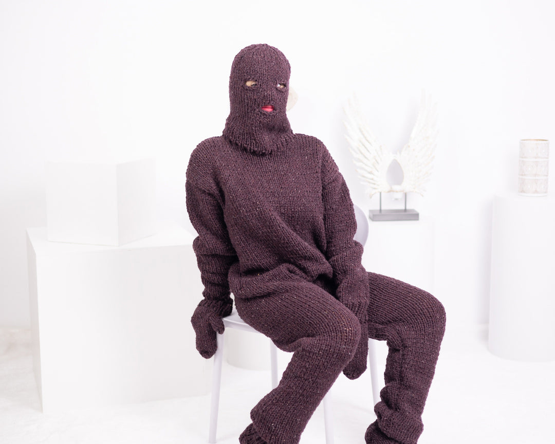 Hand Knitted Itchy Raw Wool Catsuit: Balaclava, Mittens & Socks T1551