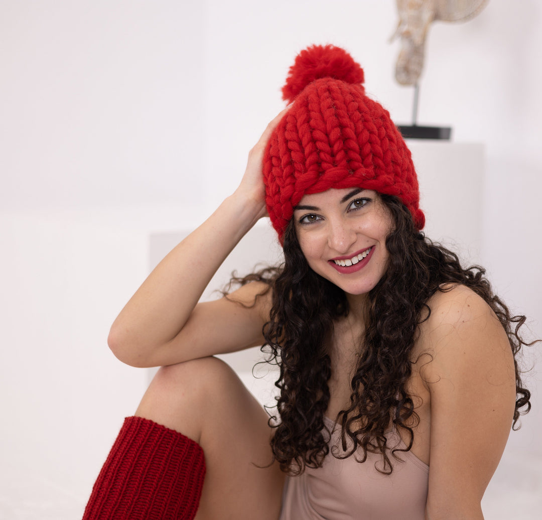 Green Merino Wool Hat – Hand Knitted Super Chunky Winter Beanie T1556