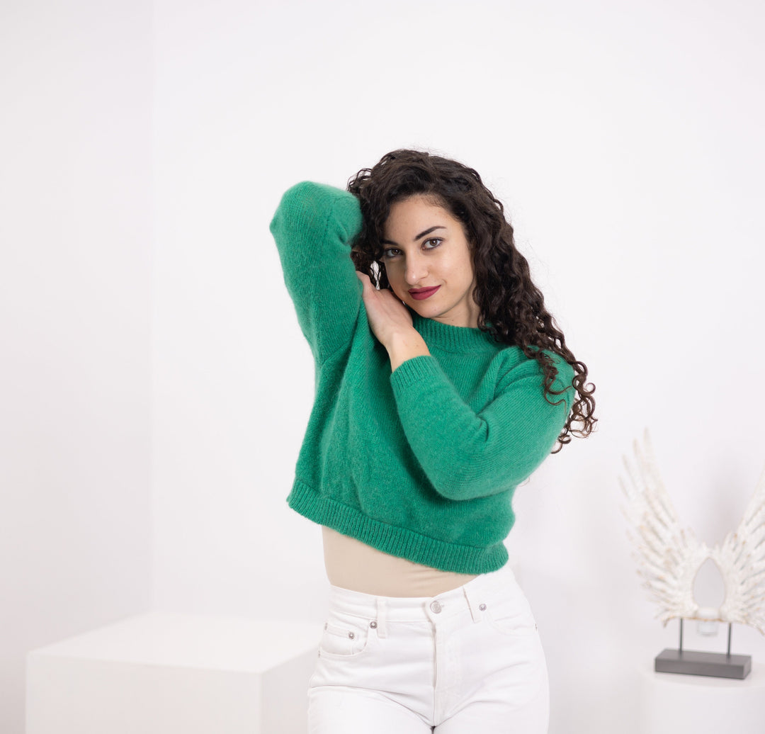 One available in size S, Hand knitted Cropped Jumper in Baby Alpaca T1559