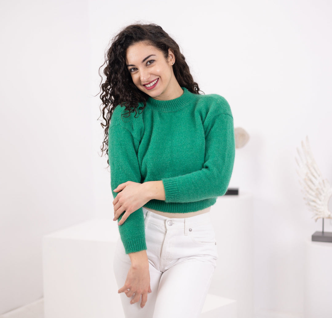 One available in size S, Hand knitted Cropped Jumper in Baby Alpaca T1559