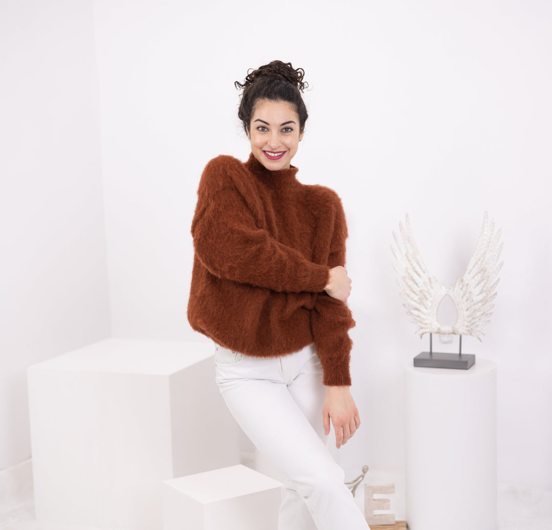 Hand Knit Alpaca Wool Blend Sweater, Brown Soft Pullover, Warm Winter Jumper T1562