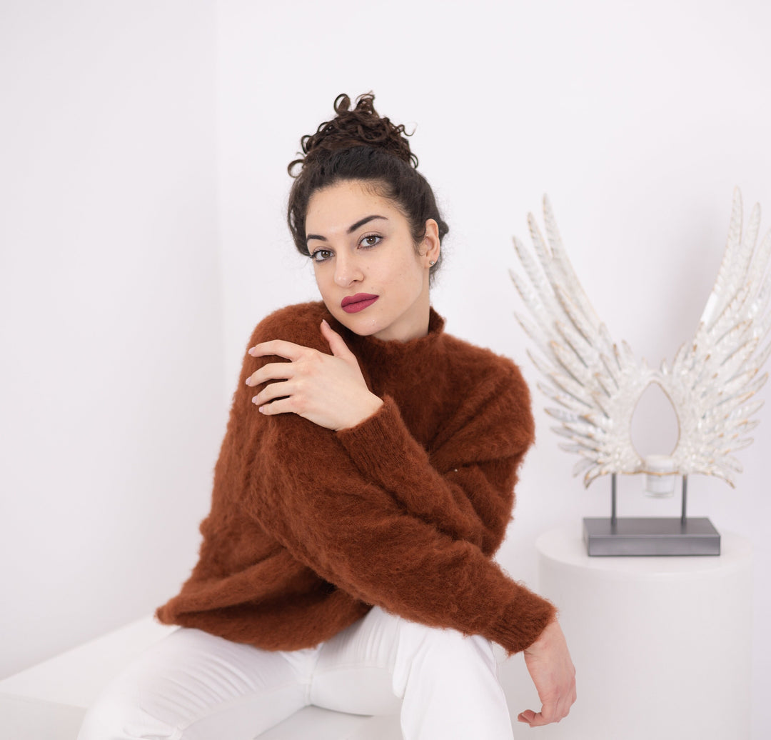 Hand Knit Alpaca Wool Blend Sweater, Brown Soft Pullover, Warm Winter Jumper T1562