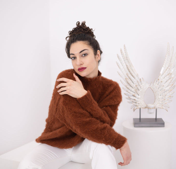 Hand Knit Alpaca Wool Blend Sweater, Brown Soft Pullover, Warm Winter Jumper T1562