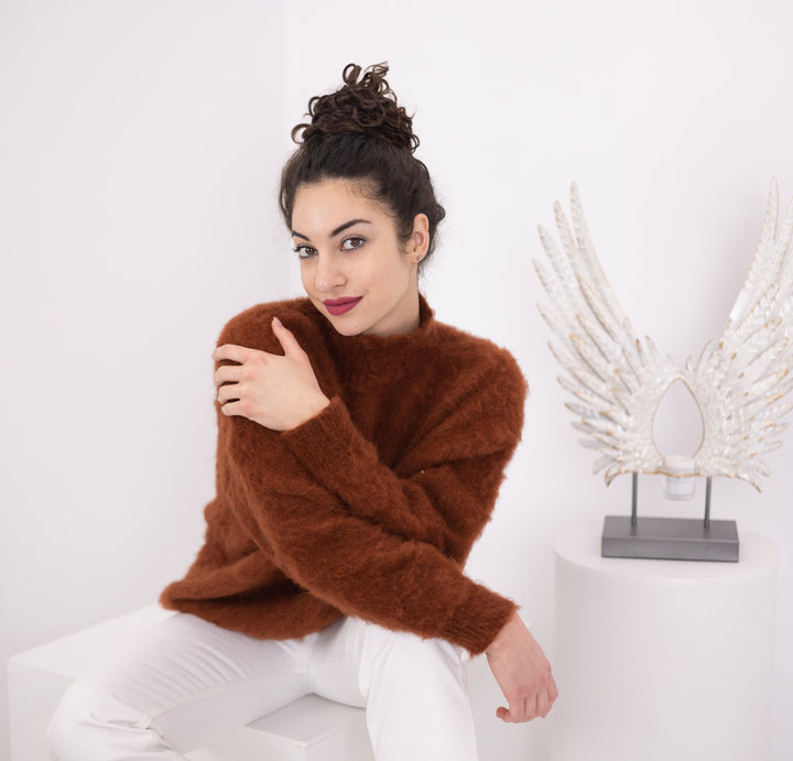 Hand Knit Alpaca Wool Blend Sweater, Brown Soft Pullover, Warm Winter Jumper T1562
